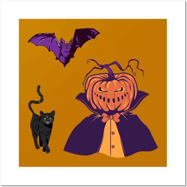 Pumpkin, Cat, Bat - Scary halloween Wall Art by O.M design